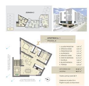 Appartement vue mer – rez-de-chaussée 72,27 m2, nouveau bâtiment, Privlaka